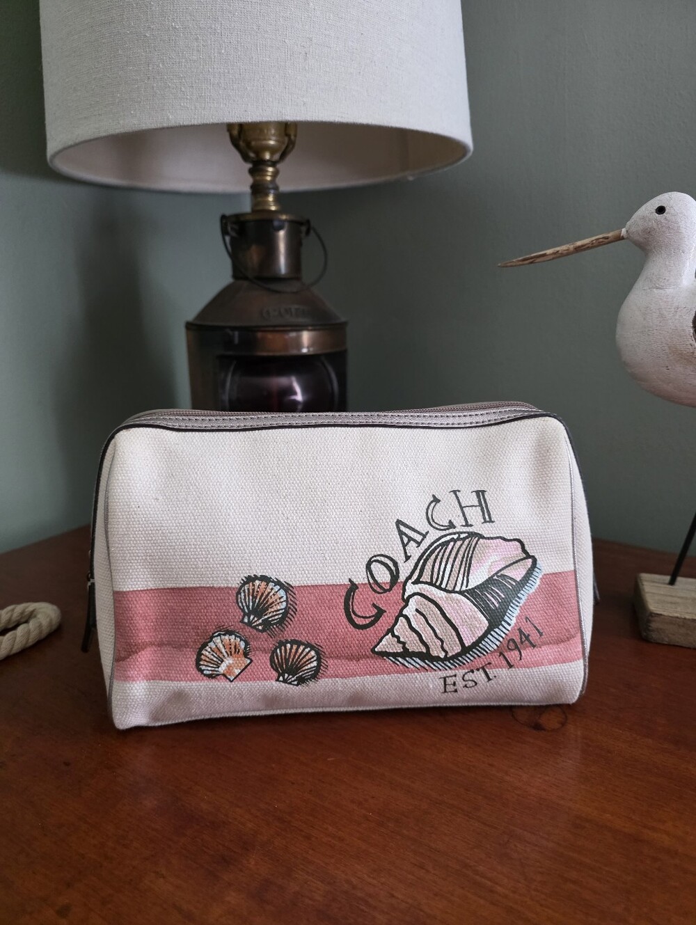 Coach Beach Shell Motif Cosmetic Pouch Pink Canvas Makeup Bag